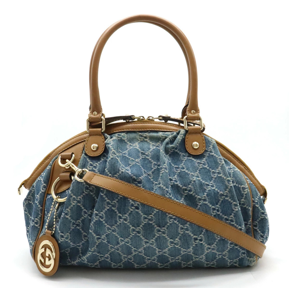 Gucci Sukey GG Denim Tote Bag Shoulder Leather Blue Brown